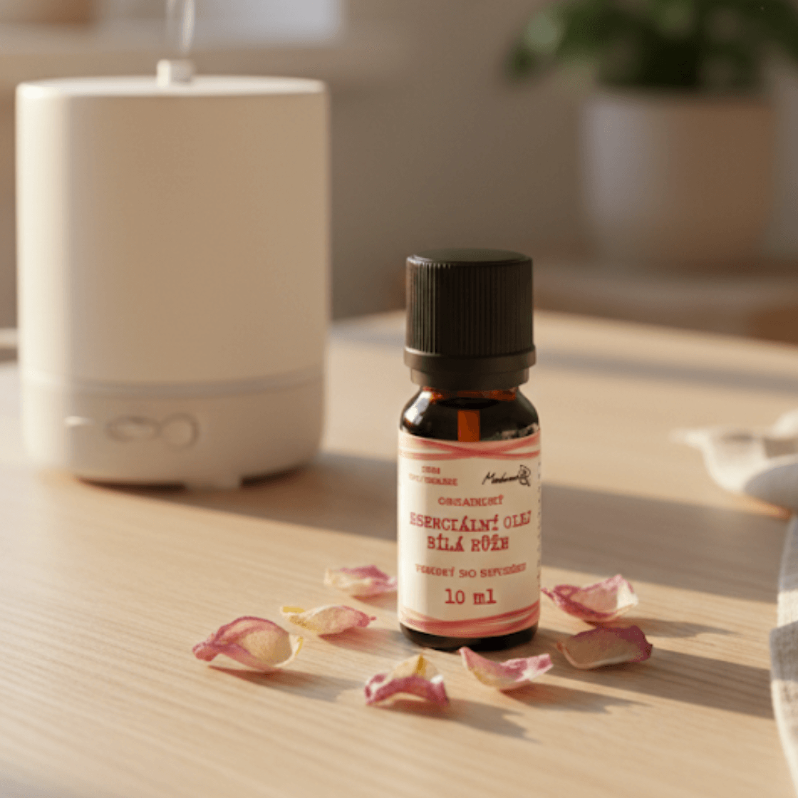 Small amber bottle of white rose essential oil from Medarek on a sunlit wooden table, with a misting diffuser in the background and scattered rose petals nearby.